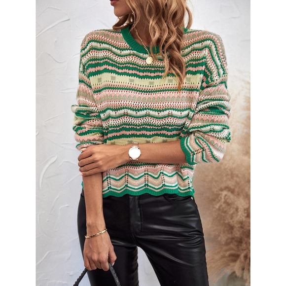 Striped 70s style vintage Pointelle Knit Sweater purple - Picture 6 of 11